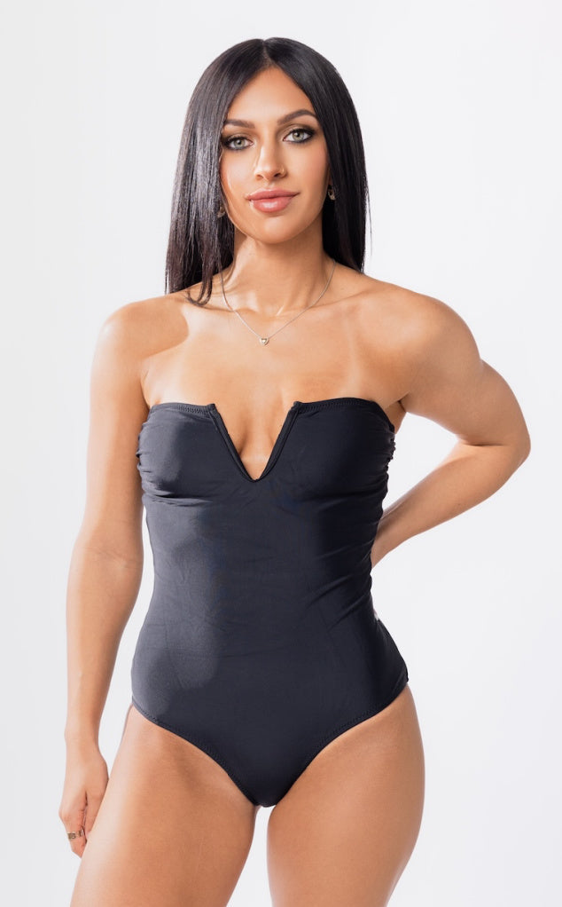 Cape Cod V Cut One Piece Swimsuit - Black Minimalist Beachwear