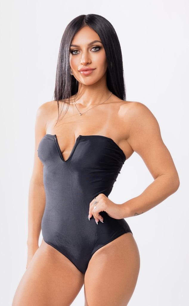 Cape Cod V Cut One Piece Swimsuit - Black Minimalist Beachwear