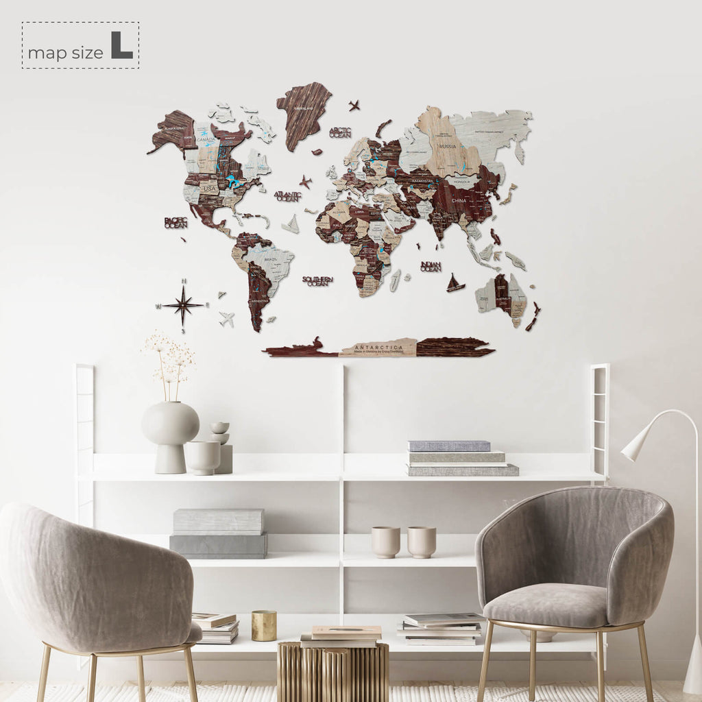 3D Wooden World Map Cappuccino Minimalist Wall Decor