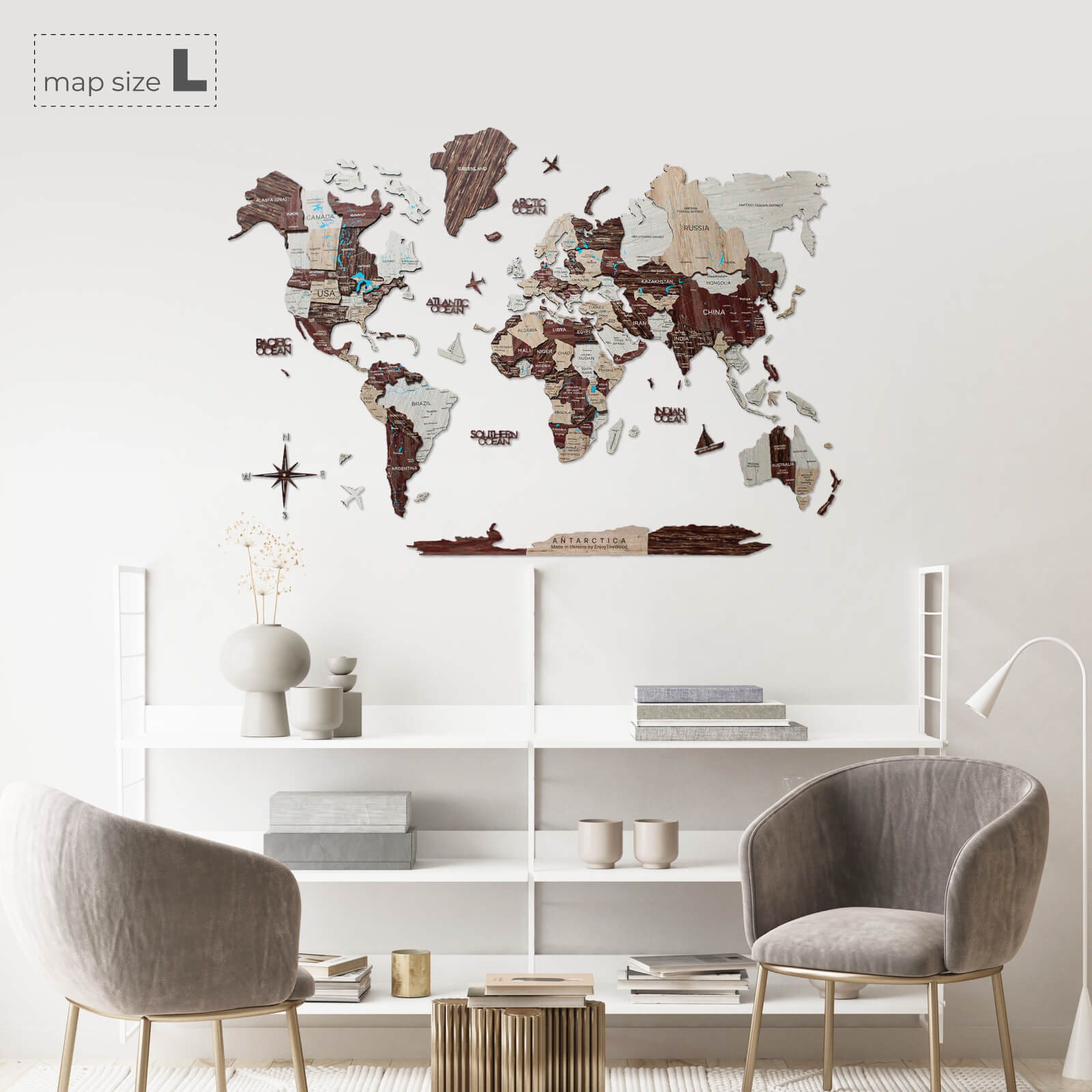 3D Wooden World Map Cappuccino Minimalist Wall Decor