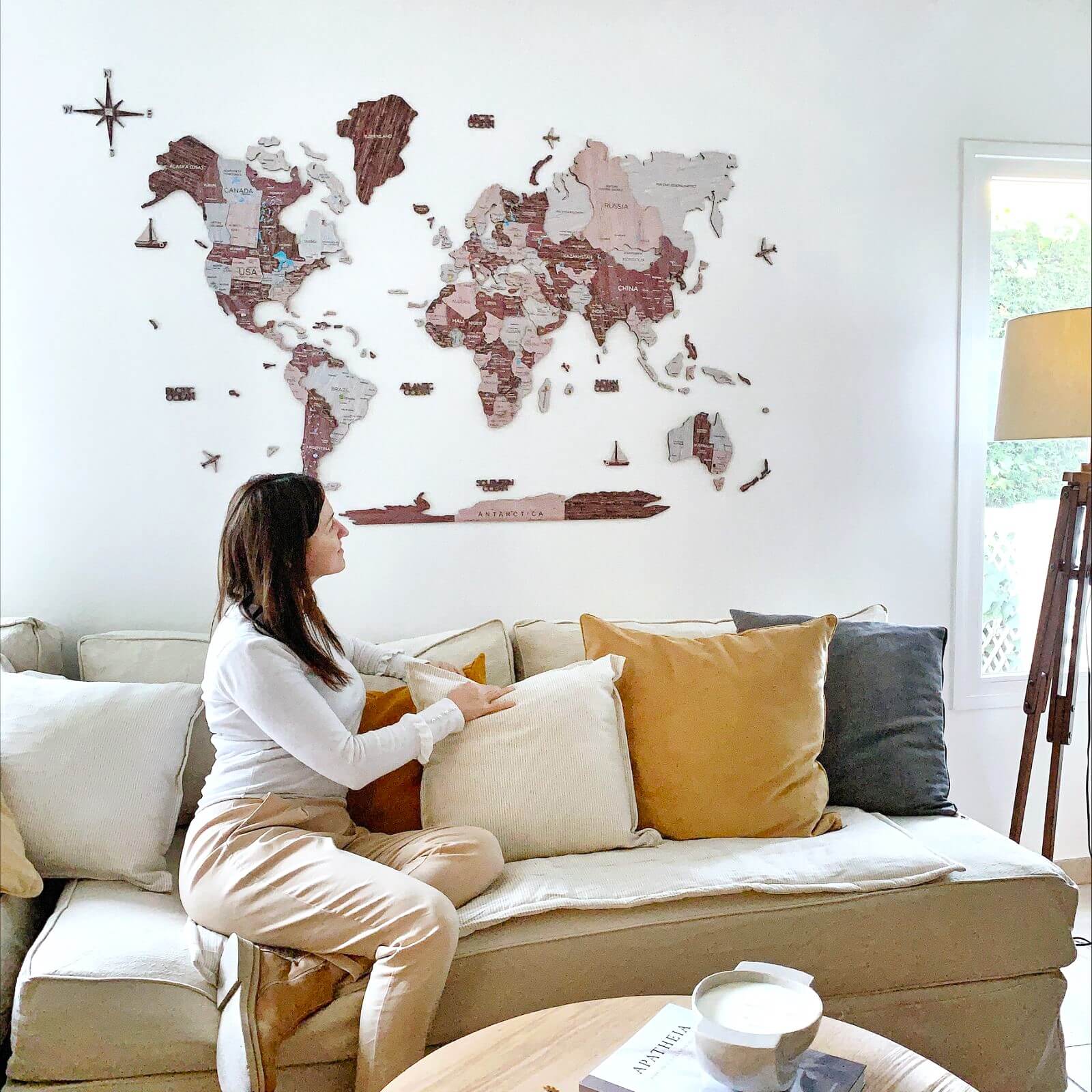 3D Wooden World Map in Cappuccino – Minimalist Travel Wall Art