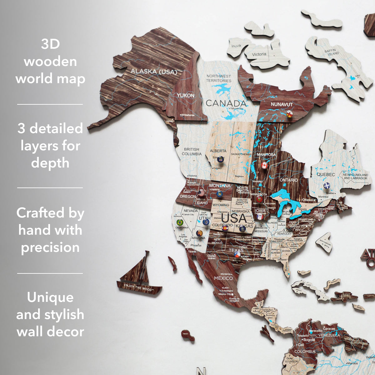 3D Wooden World Map in Cappuccino – Minimalist Travel Wall Art