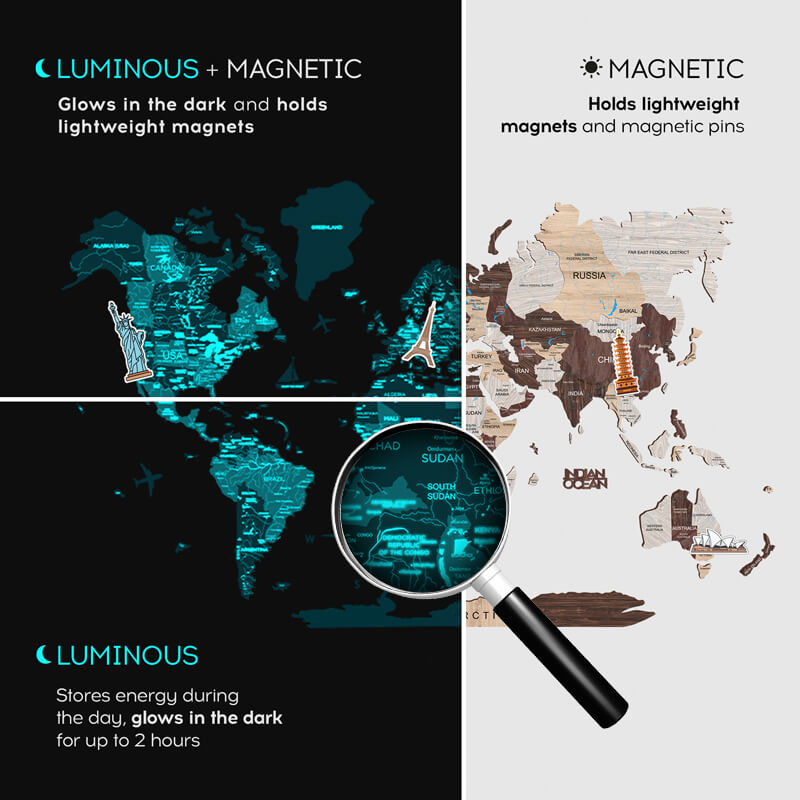 3D Luminous Colored Wooden World Map – Modern Travel Wall Art