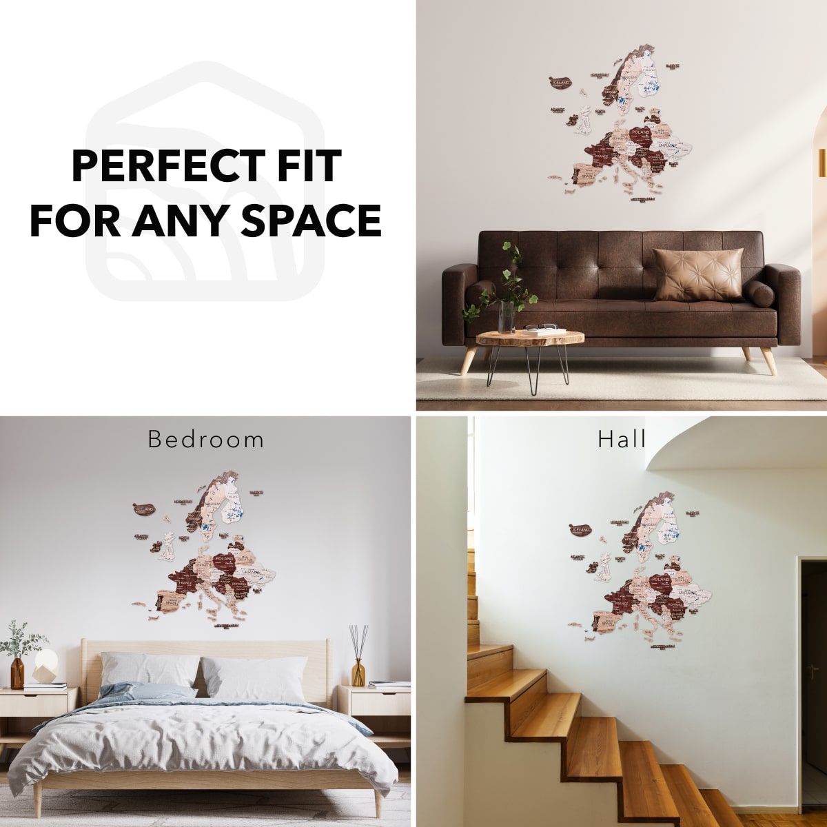 3D Europe Wooden Map Cappuccino Minimalist Scandinavian Decor