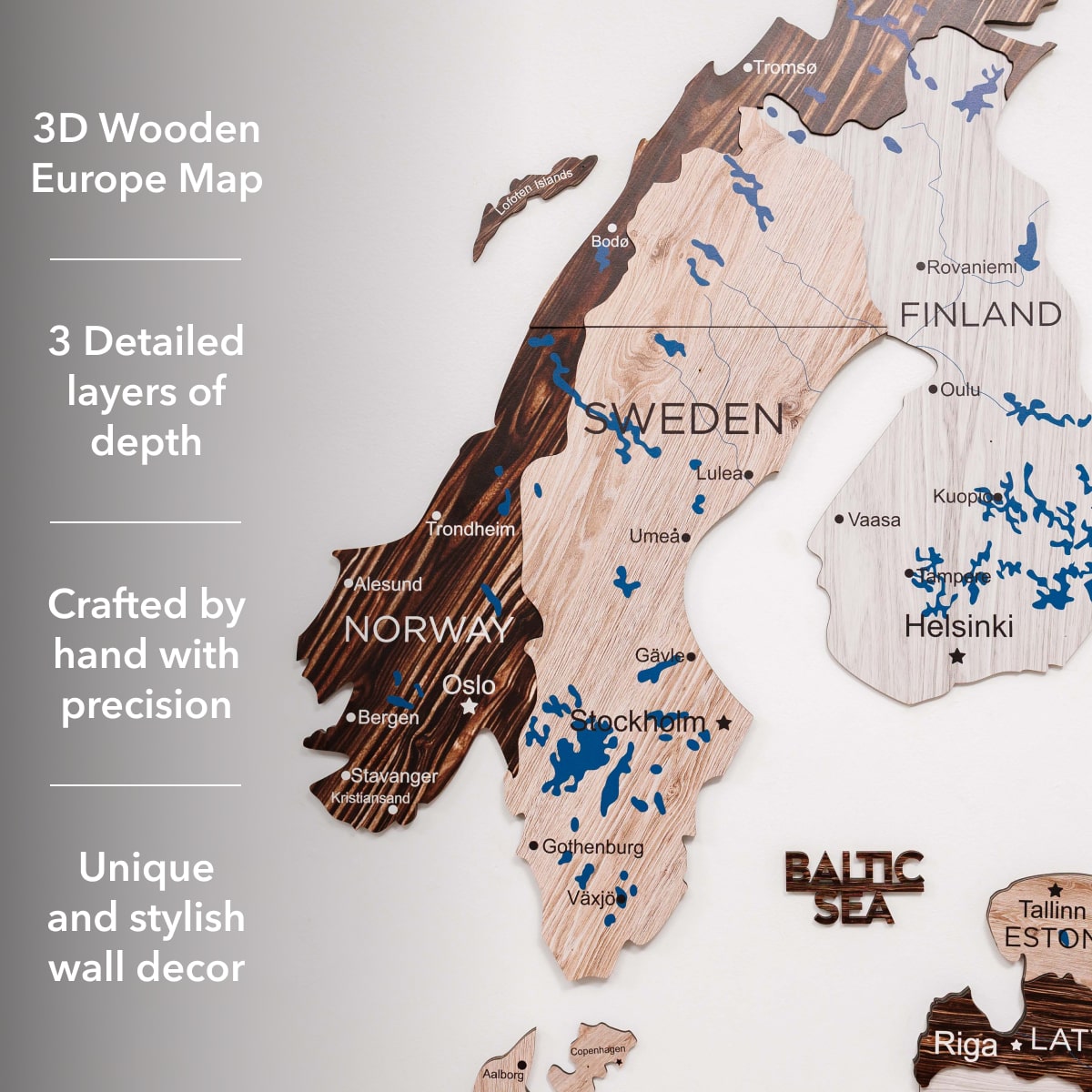 3D Europe Wooden Map Cappuccino Minimalist Scandinavian Decor