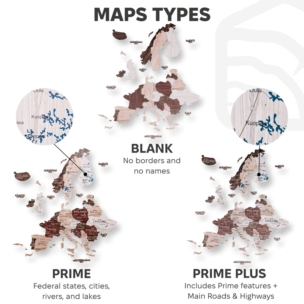 3D Europe Wooden Map Cappuccino Minimalist Scandinavian Decor