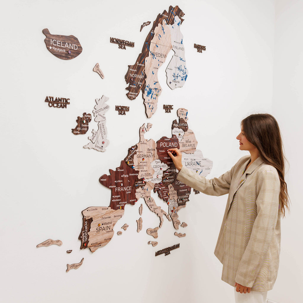 3D Europe Wooden Map Cappuccino Minimalist Scandinavian Decor