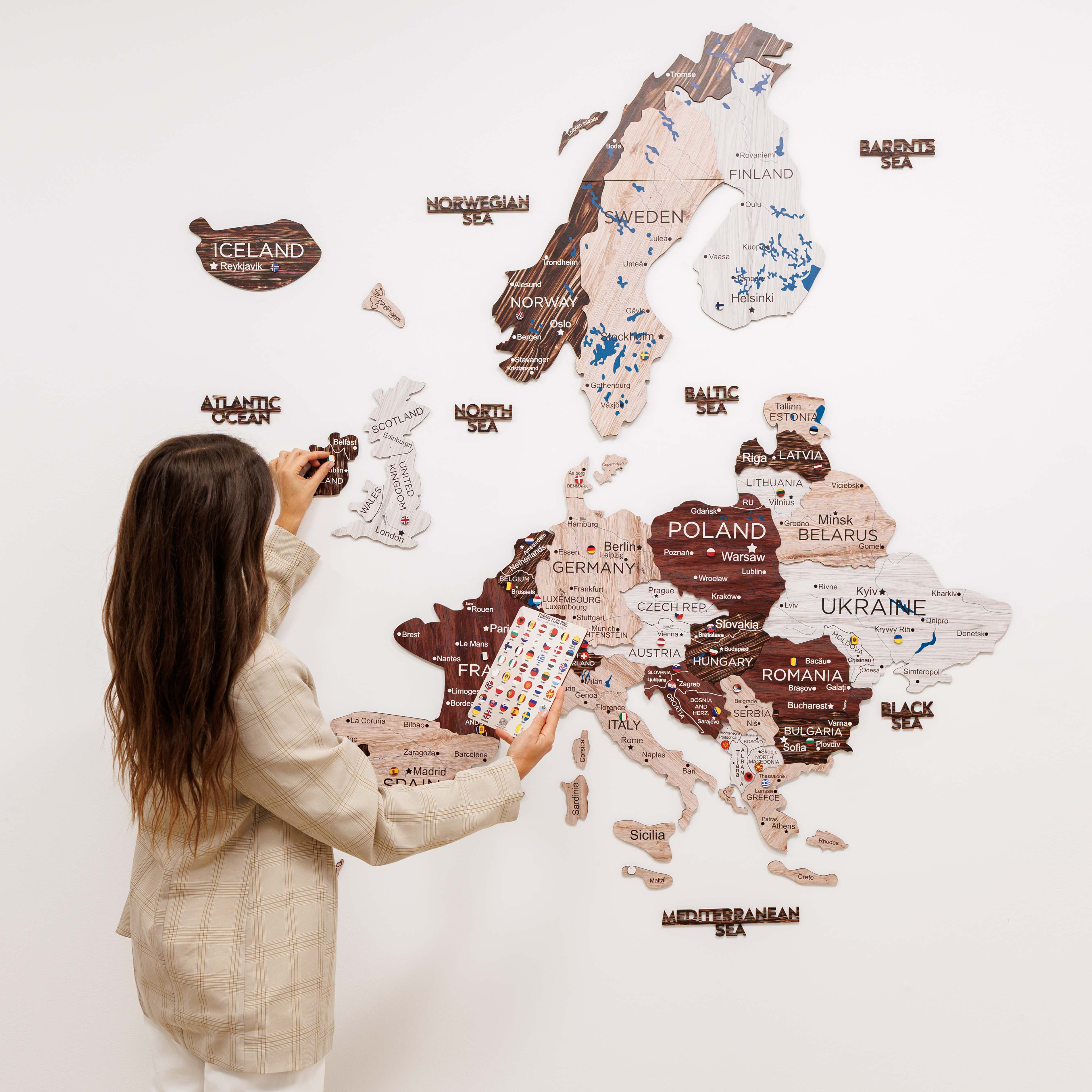 3D Europe Wooden Map Cappuccino Minimalist Scandinavian Decor