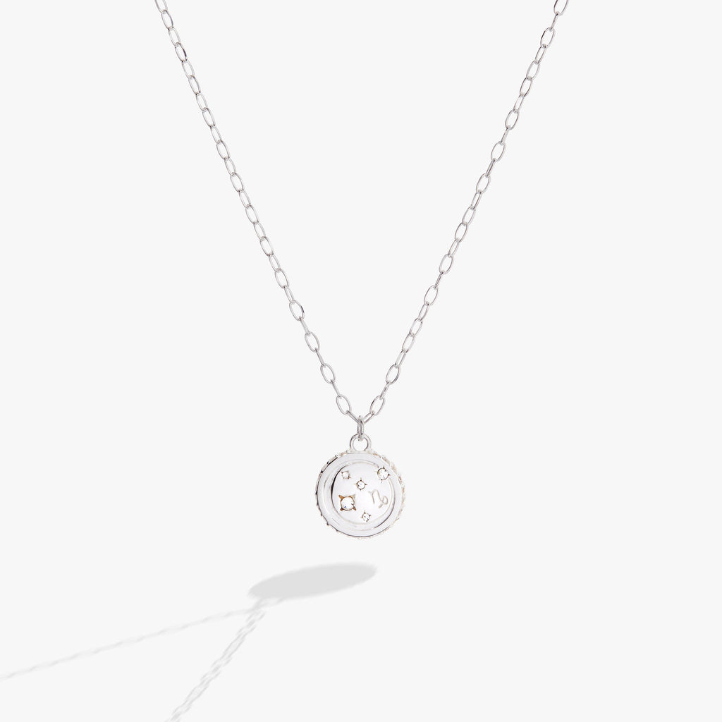 Double-sided silver Capricorn zodiac pendant necklace with crystal accents.