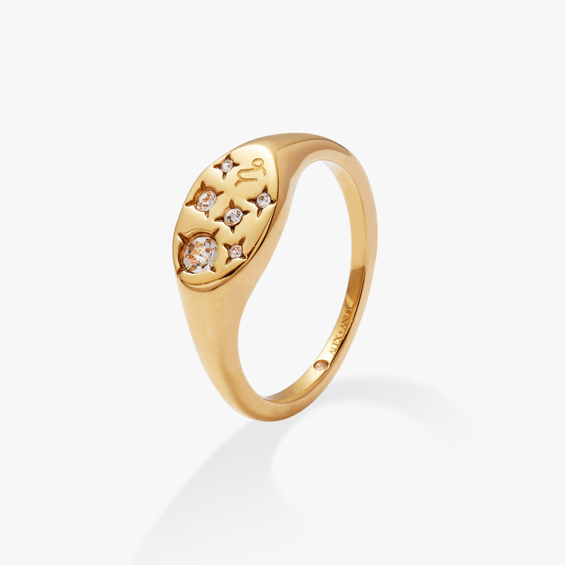 Capricorn Zodiac Signet Ring with Crystal Stars, Size 7