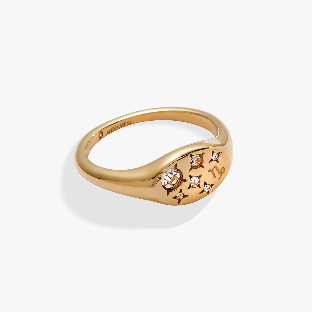 Close-up of a Capricorn zodiac signet ring featuring an etched symbol and clear crystal stars on a neutral background.