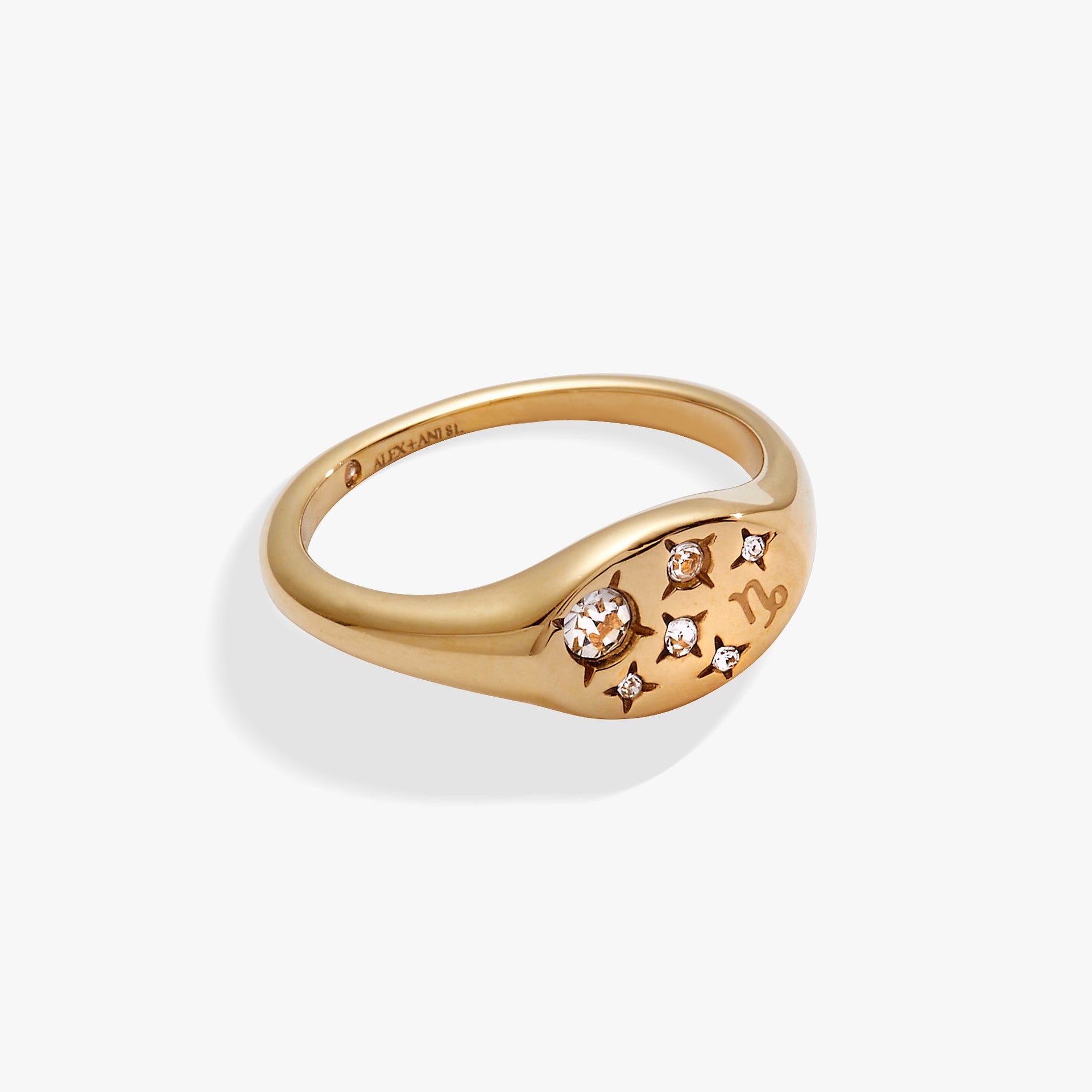 Close-up of a Capricorn zodiac signet ring featuring an etched symbol and clear crystal stars on a neutral background.