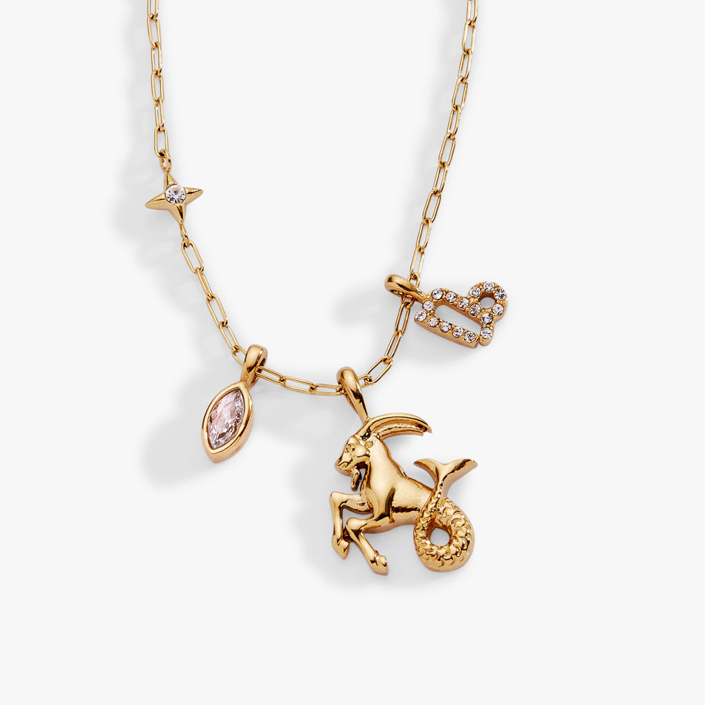 Capricorn Zodiac Charm Cluster Necklace with Earth Element Motif