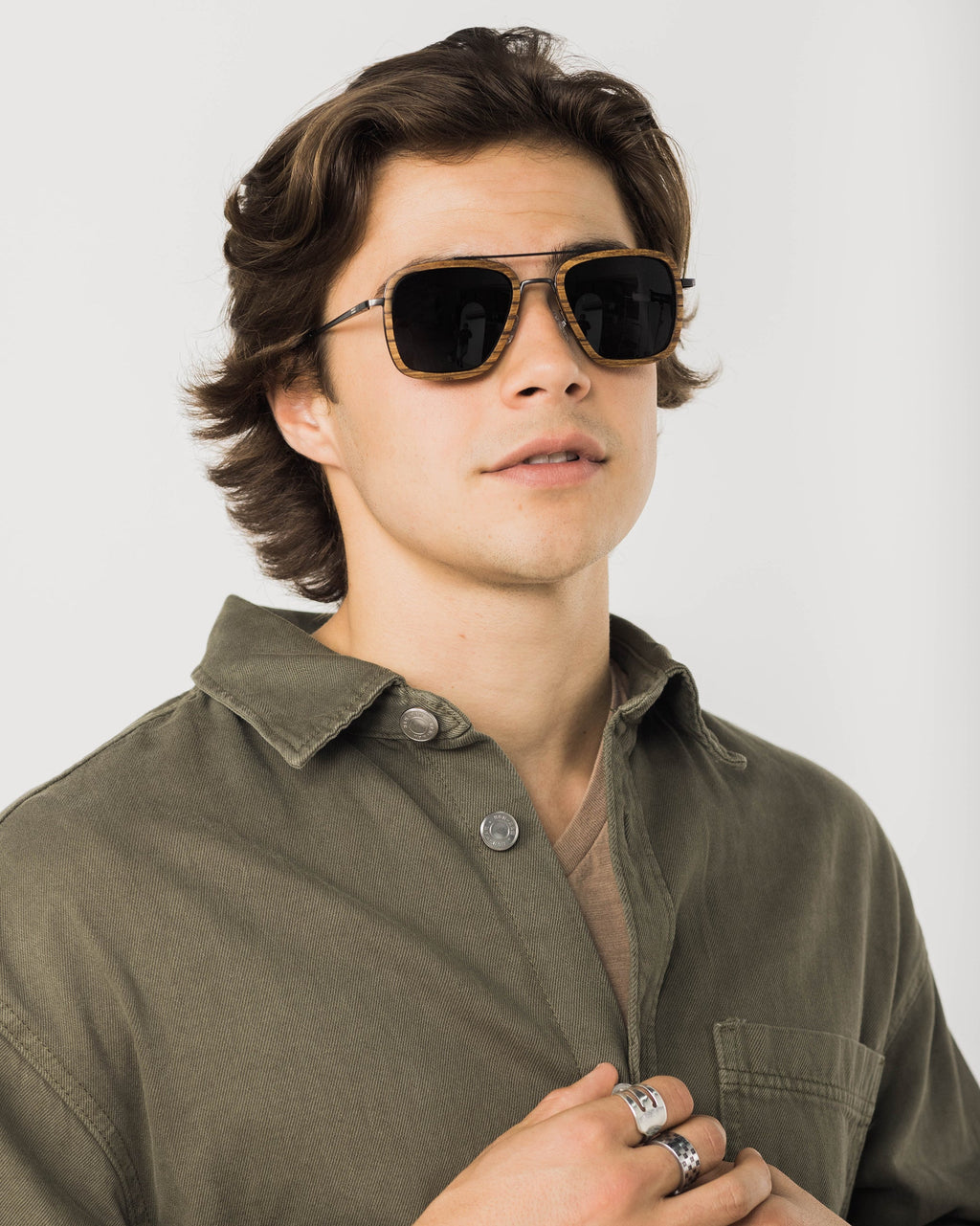 Captiva Angular Aviator Sunglasses with Wood Rim Accents