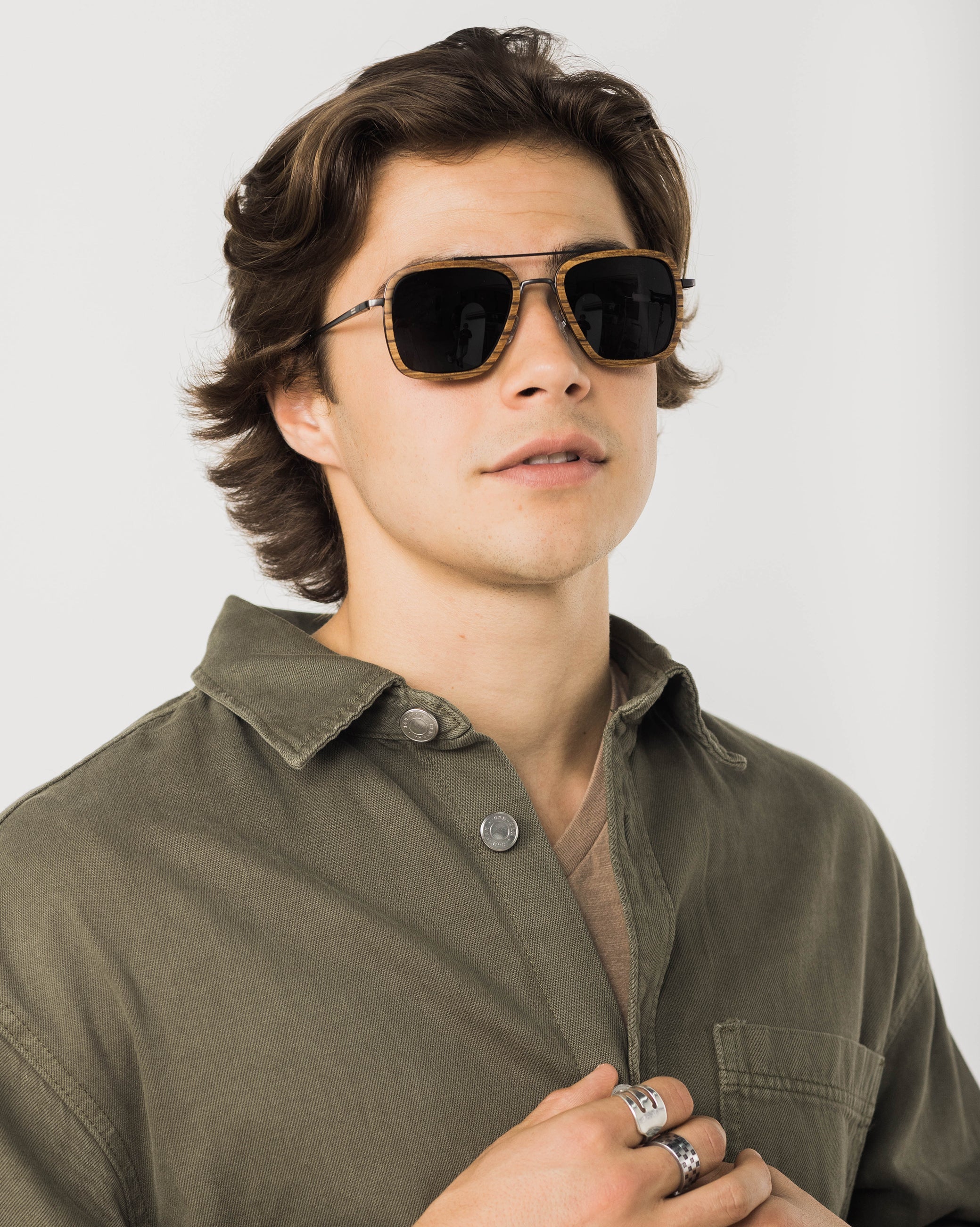 Captiva Angular Aviator Sunglasses with Wood Rim Accents