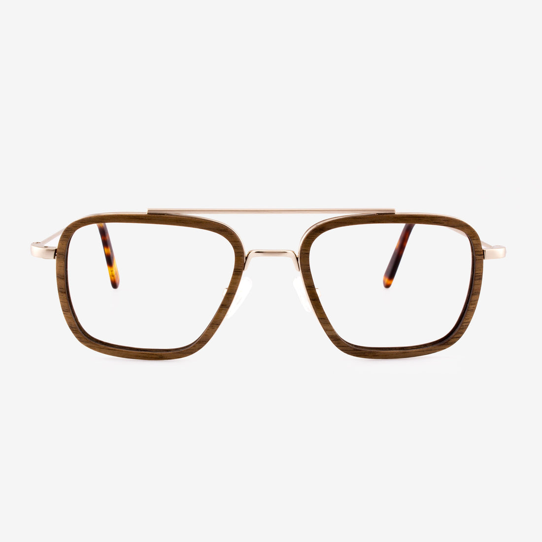 Captiva aviator-style eyeglasses featuring a bold wood rim and gold steel frame
