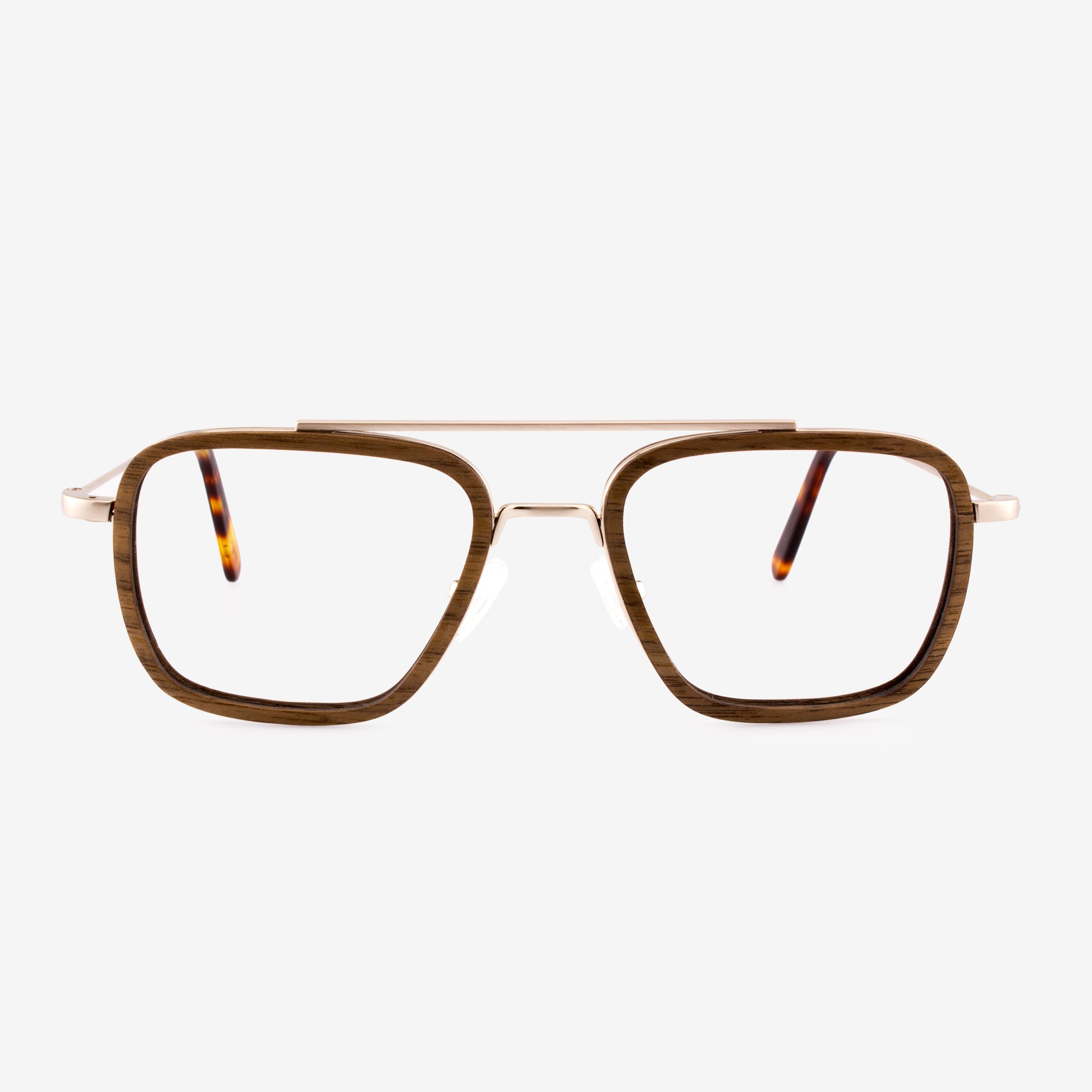 Captiva aviator-style eyeglasses featuring a bold wood rim and gold steel frame
