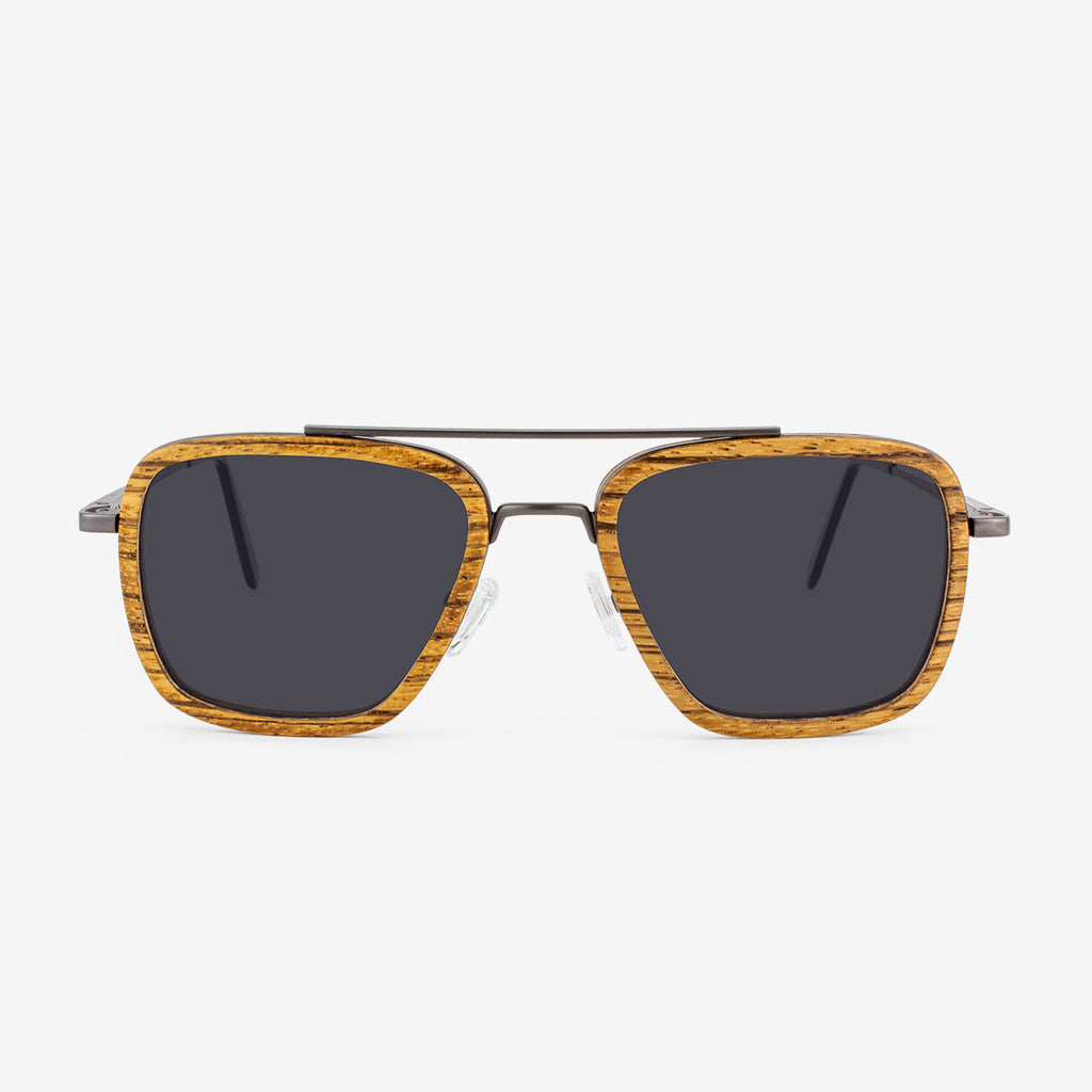 Captiva angular aviator sunglasses with metal frame and wood rim detailing