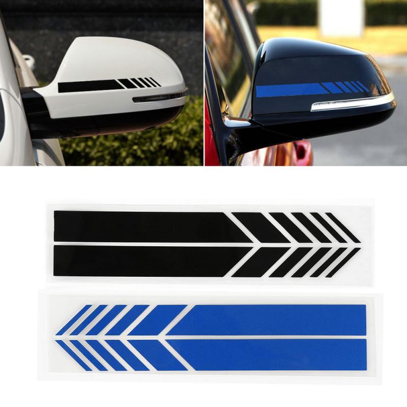 A stylish racing stripe vinyl decal applied to the side body panel and rear-view mirror of a sports car.