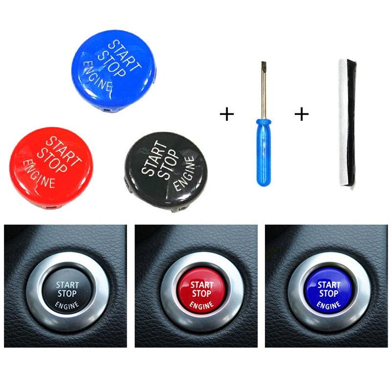 Sleek automotive engine start stop button cover installed on a car dashboard
