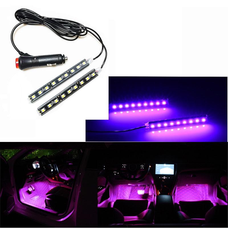 Bluetooth smart LED light strips for car footwells showing colorful interior dashboard lighting.