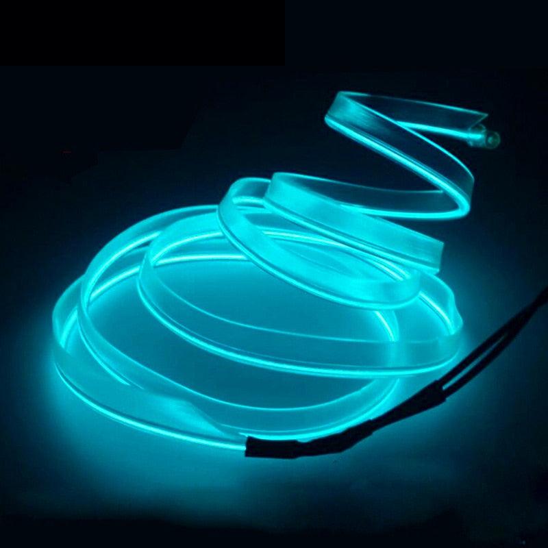 Close up of vibrant neon LED atmosphere wire lighting for office desk decoration