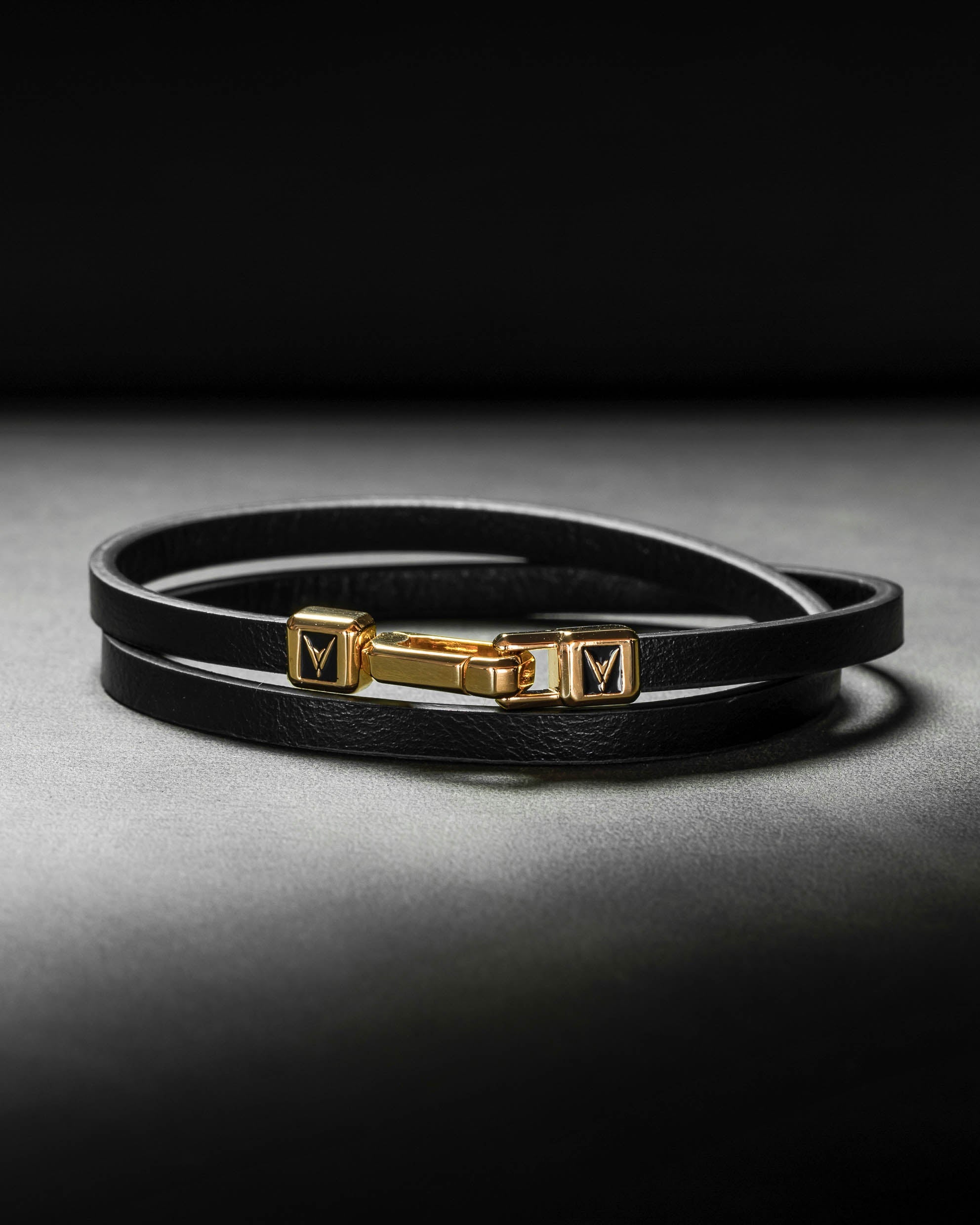 The Hitch Double Wrap Leather Bracelet in Black and Gold