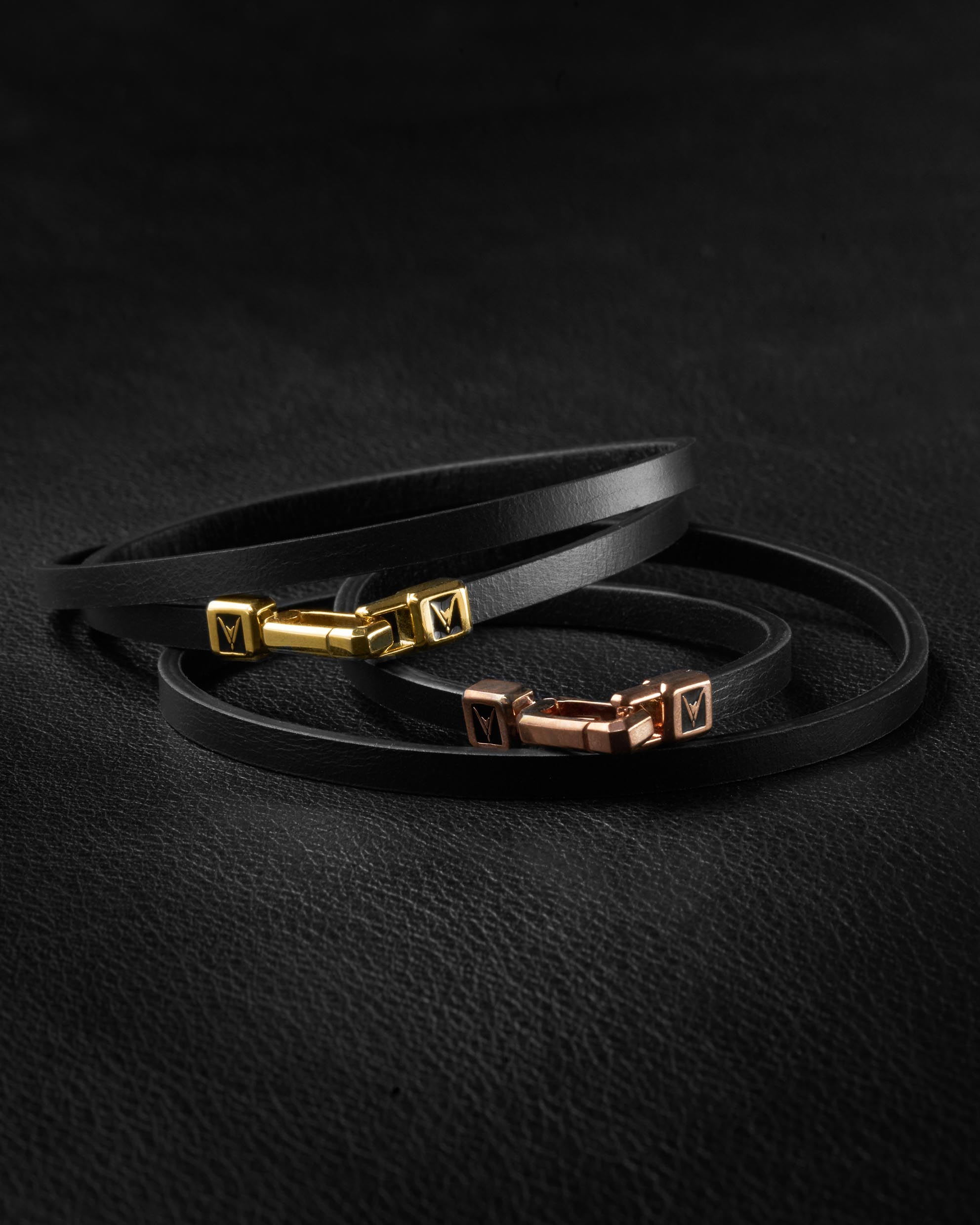The Hitch Double Wrap Leather Bracelet in Black and Gold