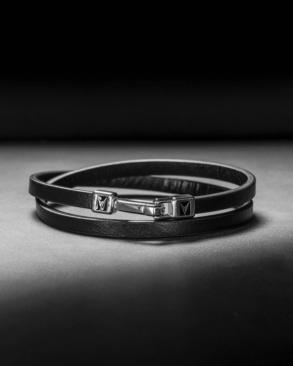 The Hitch Double Wrap Leather Bracelet in Black and Silver