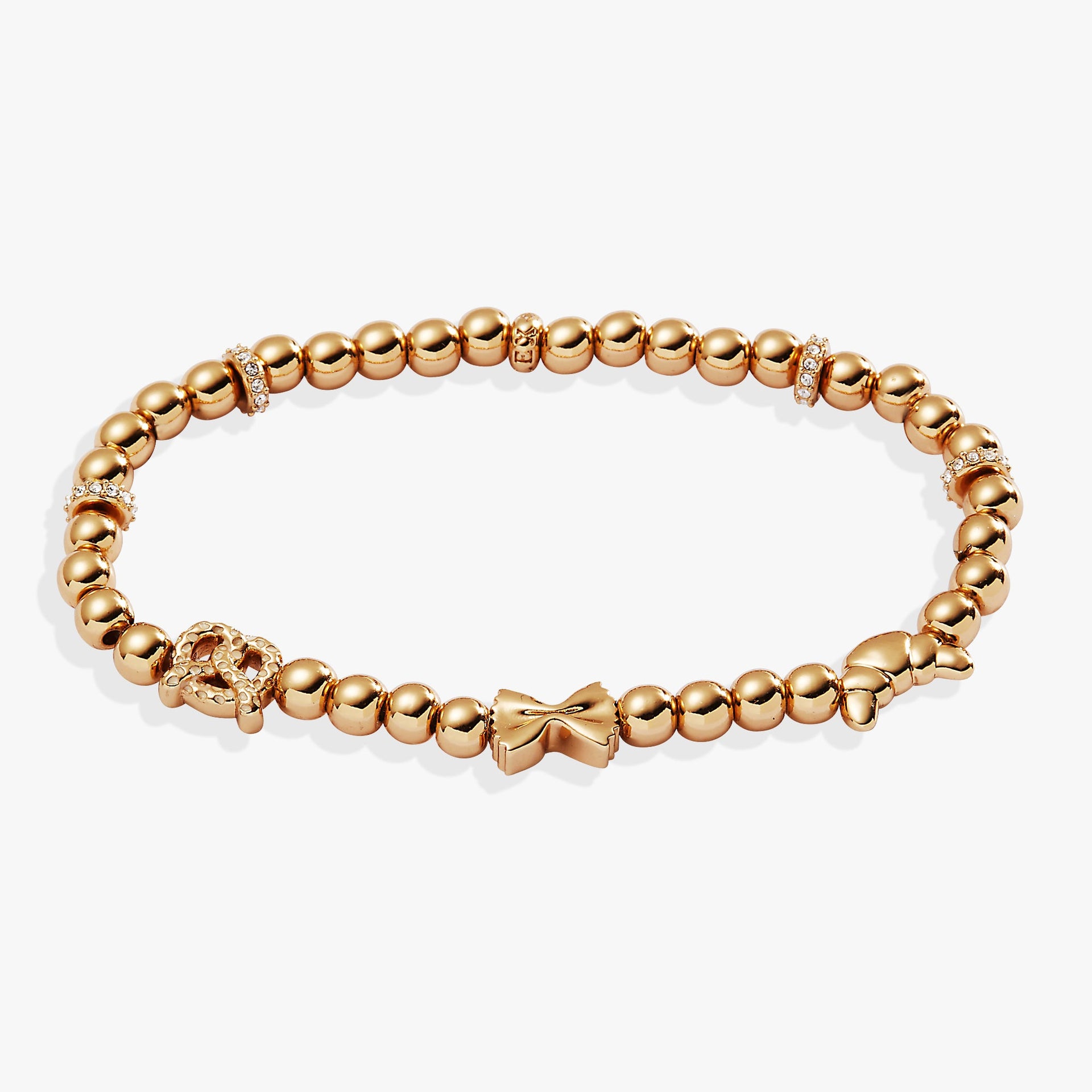 Gold-tone beaded stretch bracelet with pretzel, croissant, and pasta charms