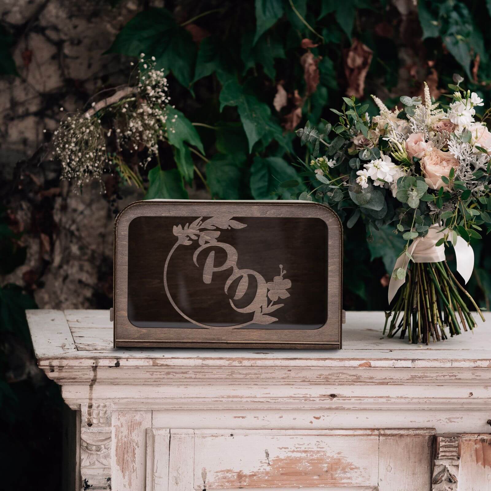 Rustic Wooden Wedding Card Box with Botanical Art - 10x8 Inches