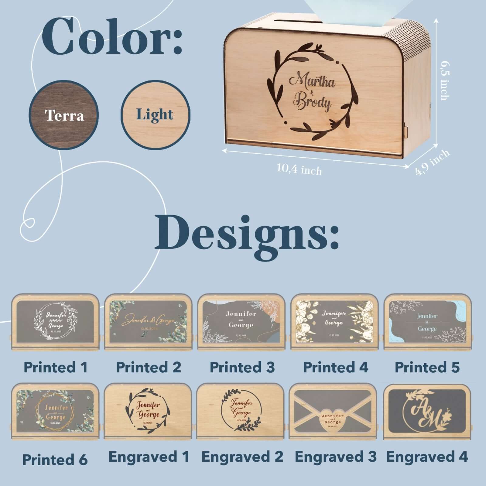 Rustic Wooden Wedding Card Box with Botanical Art - 10x8 Inches