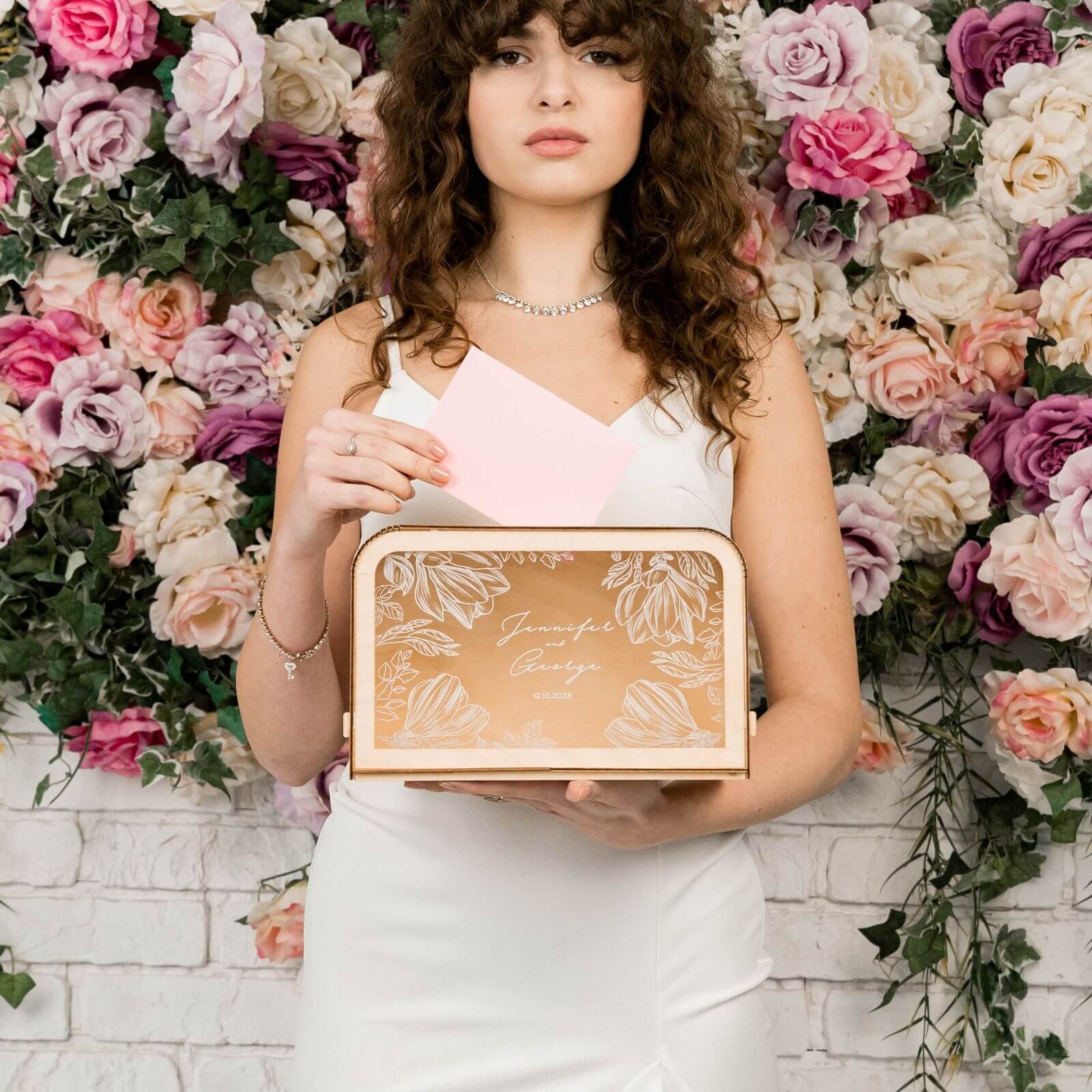 Rustic Wooden Wedding Card Box with Botanical Art - 10x8 Inches