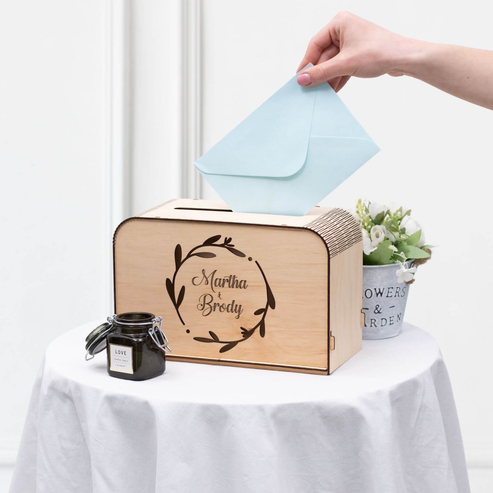 Rustic Wooden Wedding Card Box with Botanical Art - 10x8 Inches