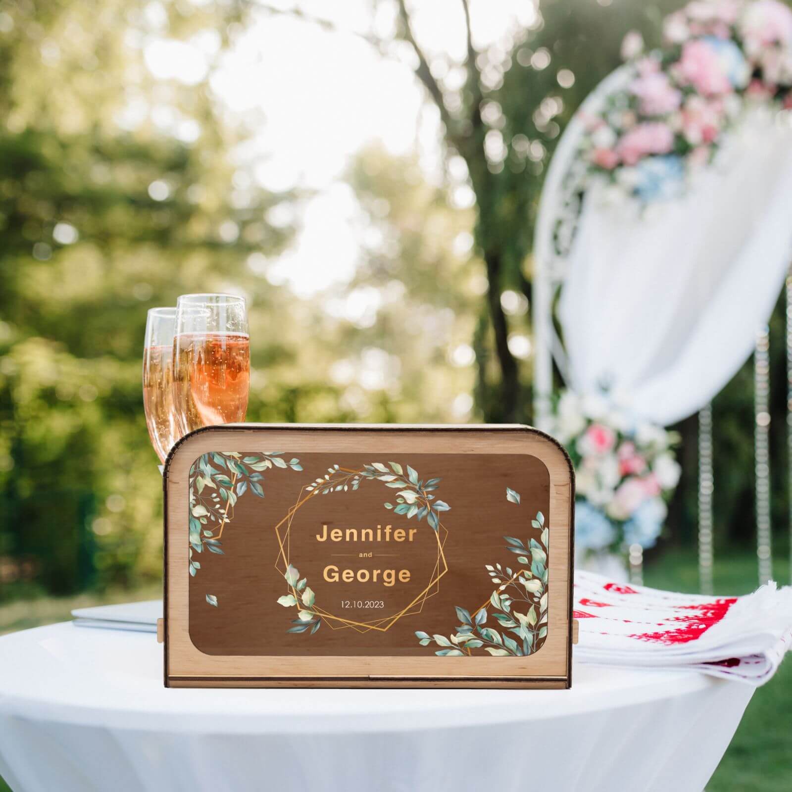 Rustic Wooden Wedding Card Box with Botanical Art - 10x8 Inches