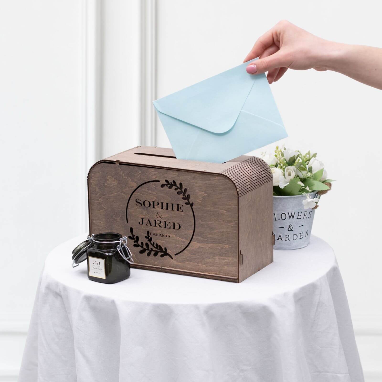 Rustic Wooden Wedding Card Box with Botanical Art - 10x8 Inches
