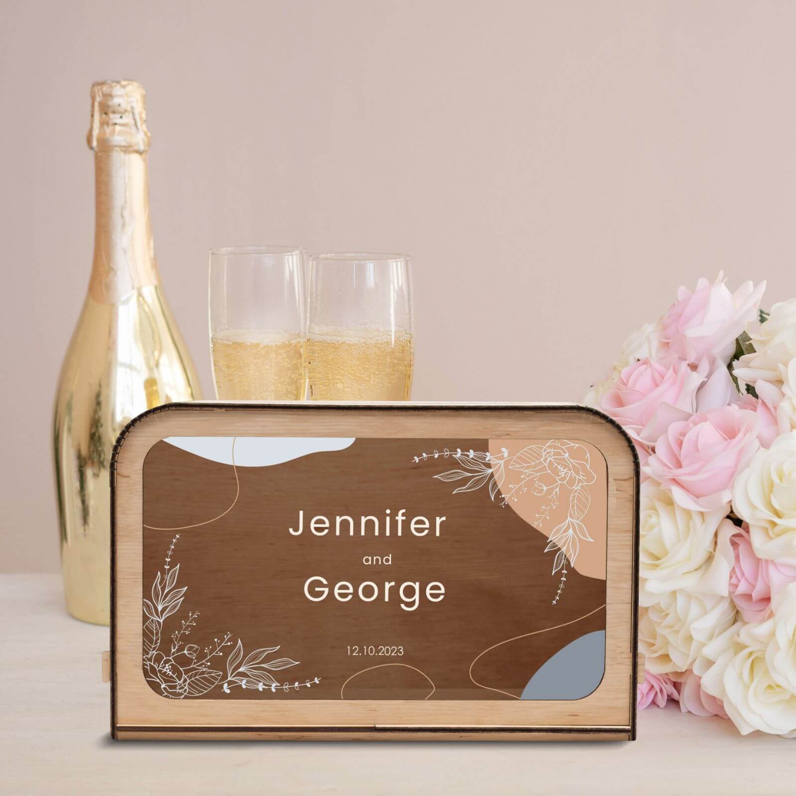 Rustic Wooden Wedding Card Box with Botanical Art - 10x8 Inches