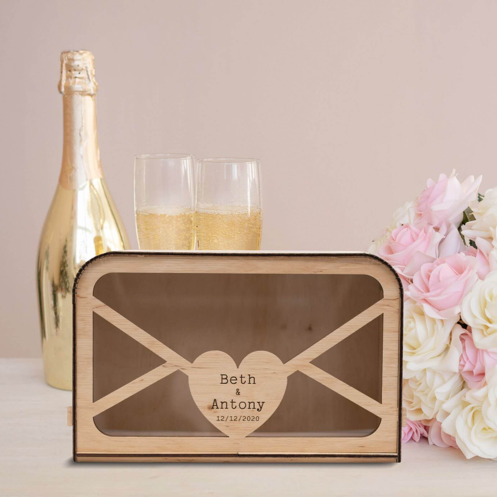 Rustic Wooden Wedding Card Box with Botanical Art - 10x8 Inches