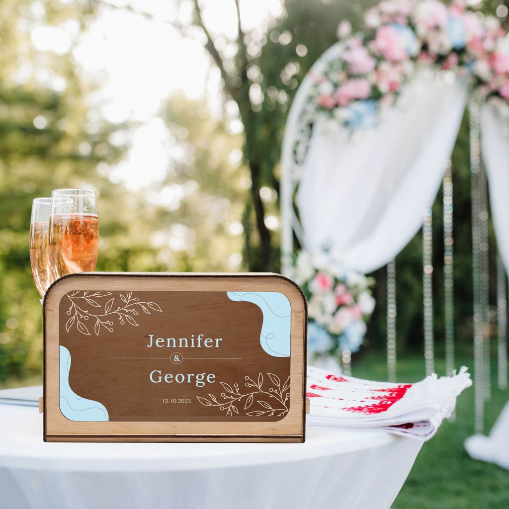 Rustic Wooden Wedding Card Box with Botanical Art - 10x8 Inches