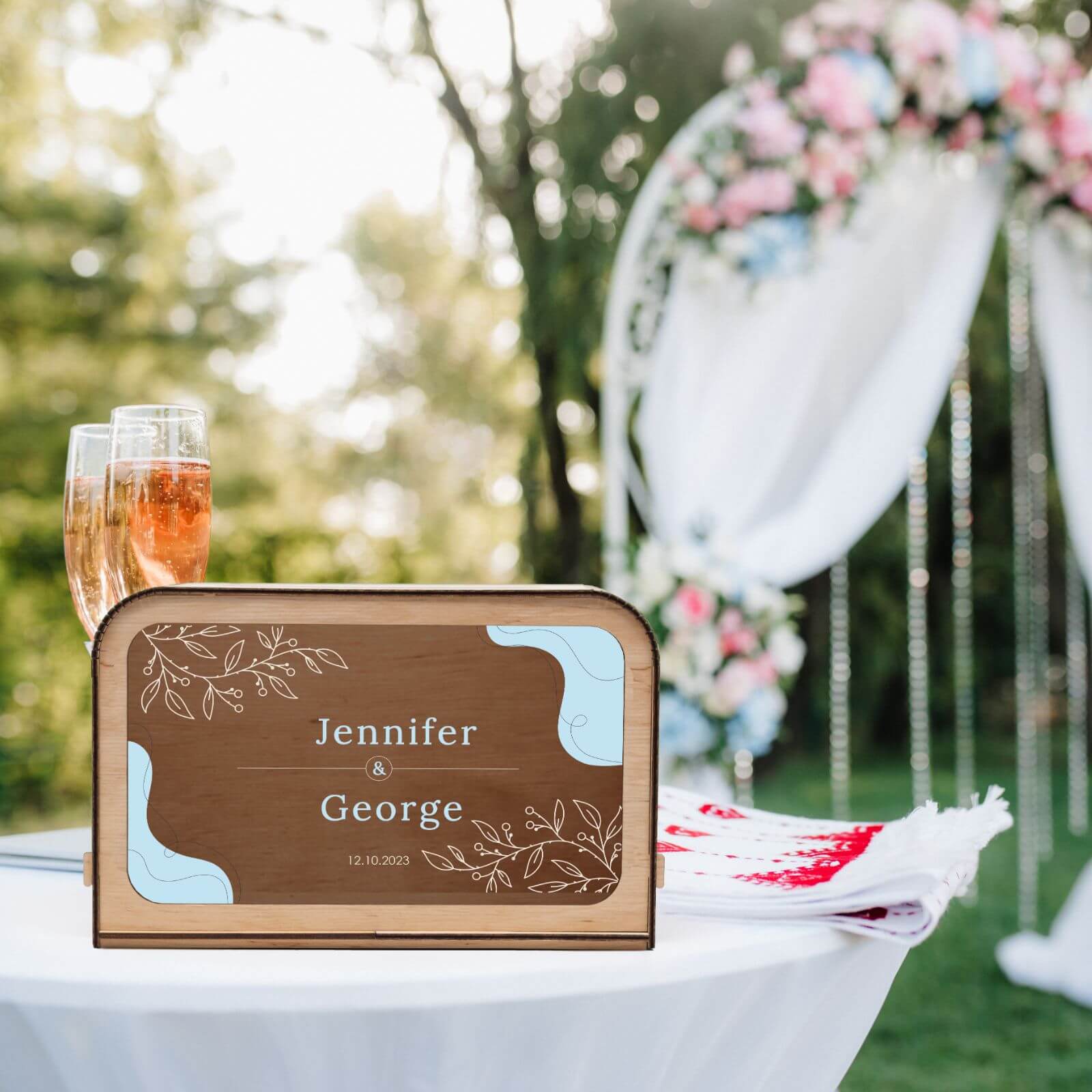 Rustic Wooden Wedding Card Box with Botanical Art - 10x8 Inches