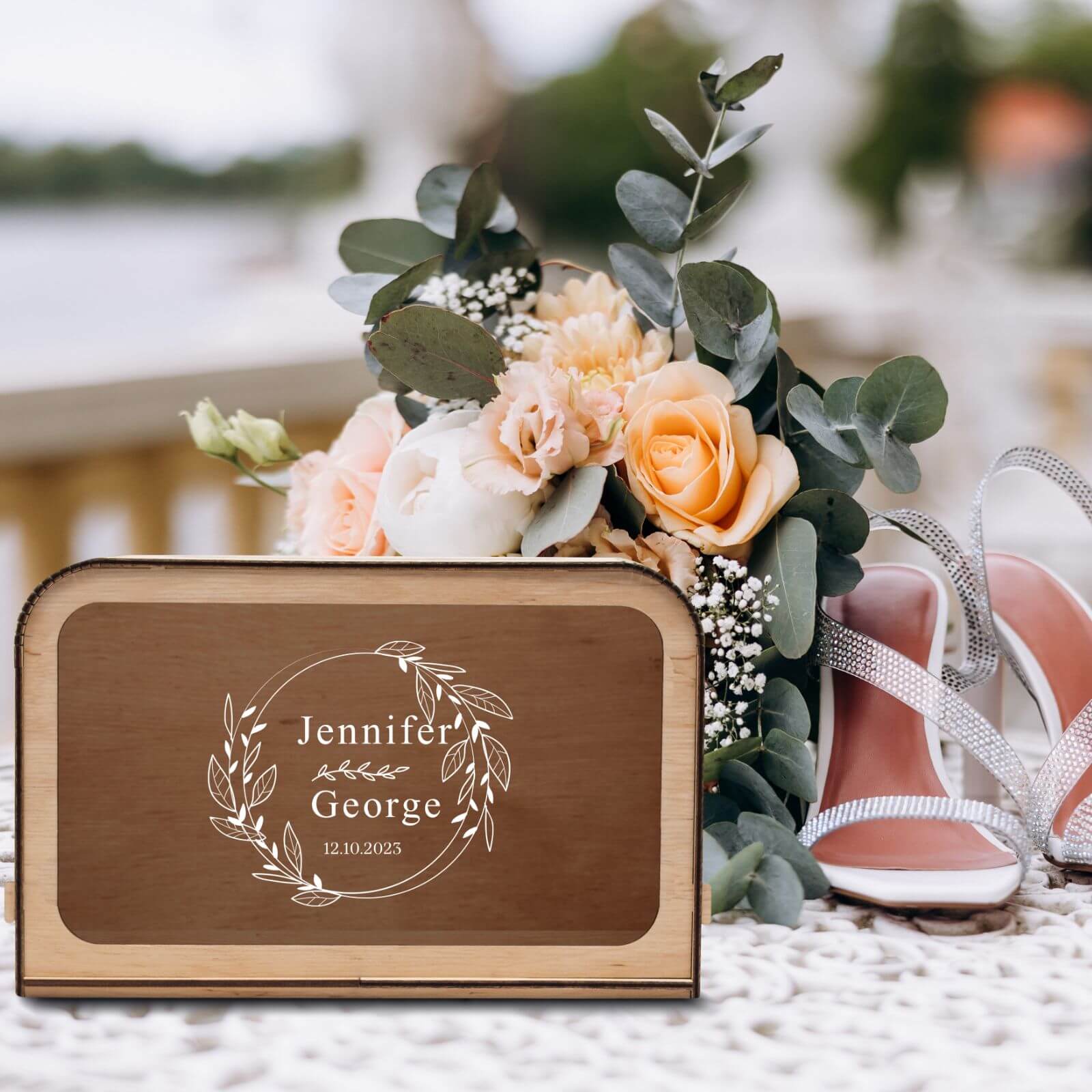 Rustic Wooden Wedding Card Box with Botanical Art - 10x8 Inches