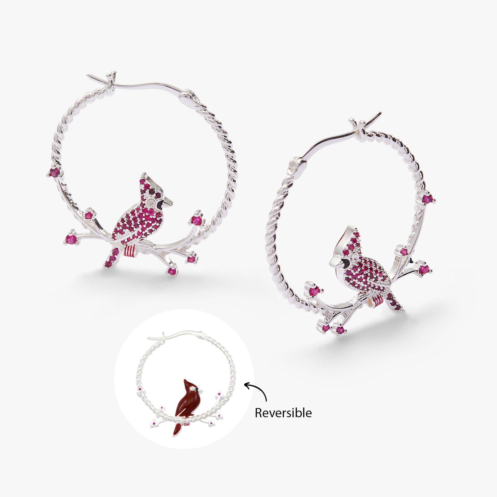 Cardinal Reversible Hoop Earrings featuring red and clear crystal accents on braided silver-tone hoops.
