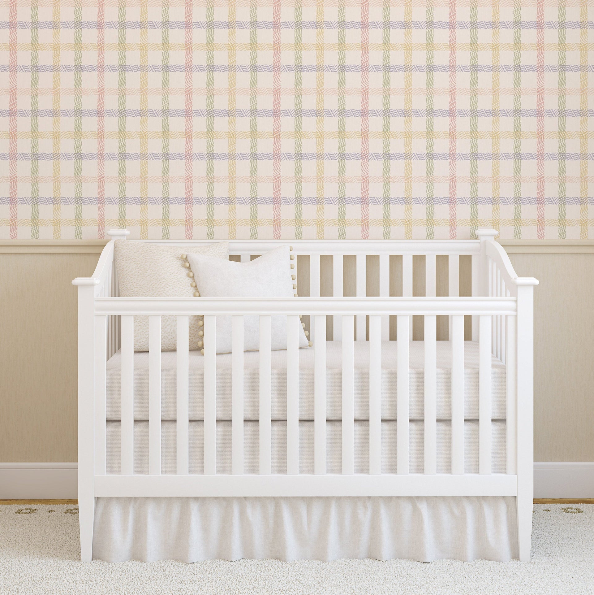 Close up of Carson pastel plaid wallpaper in yellow, pink, green, and lavender for nursery decor