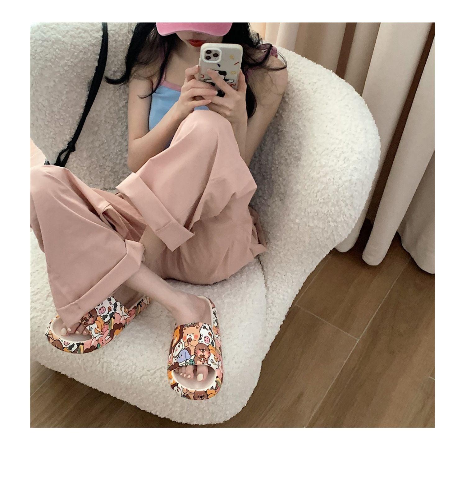 Cute Cartoon Bear Couples Slides Thick-Soled Summer Sandals