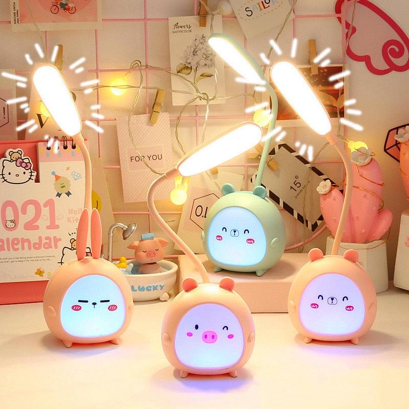 Cute cartoon character desk lamp in pastel colors with adjustable neck