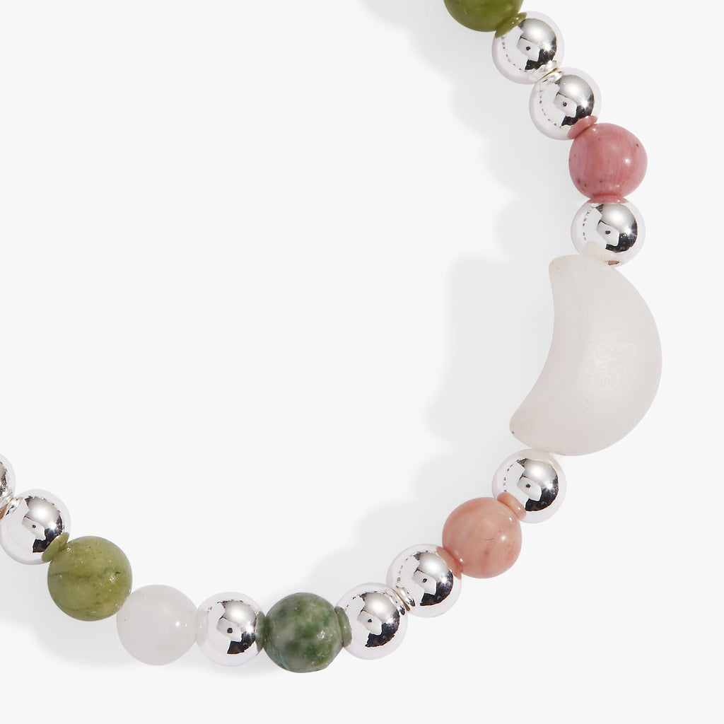 Moon Healing Stone Stretch Bracelet with White Quartz Crescent Charm