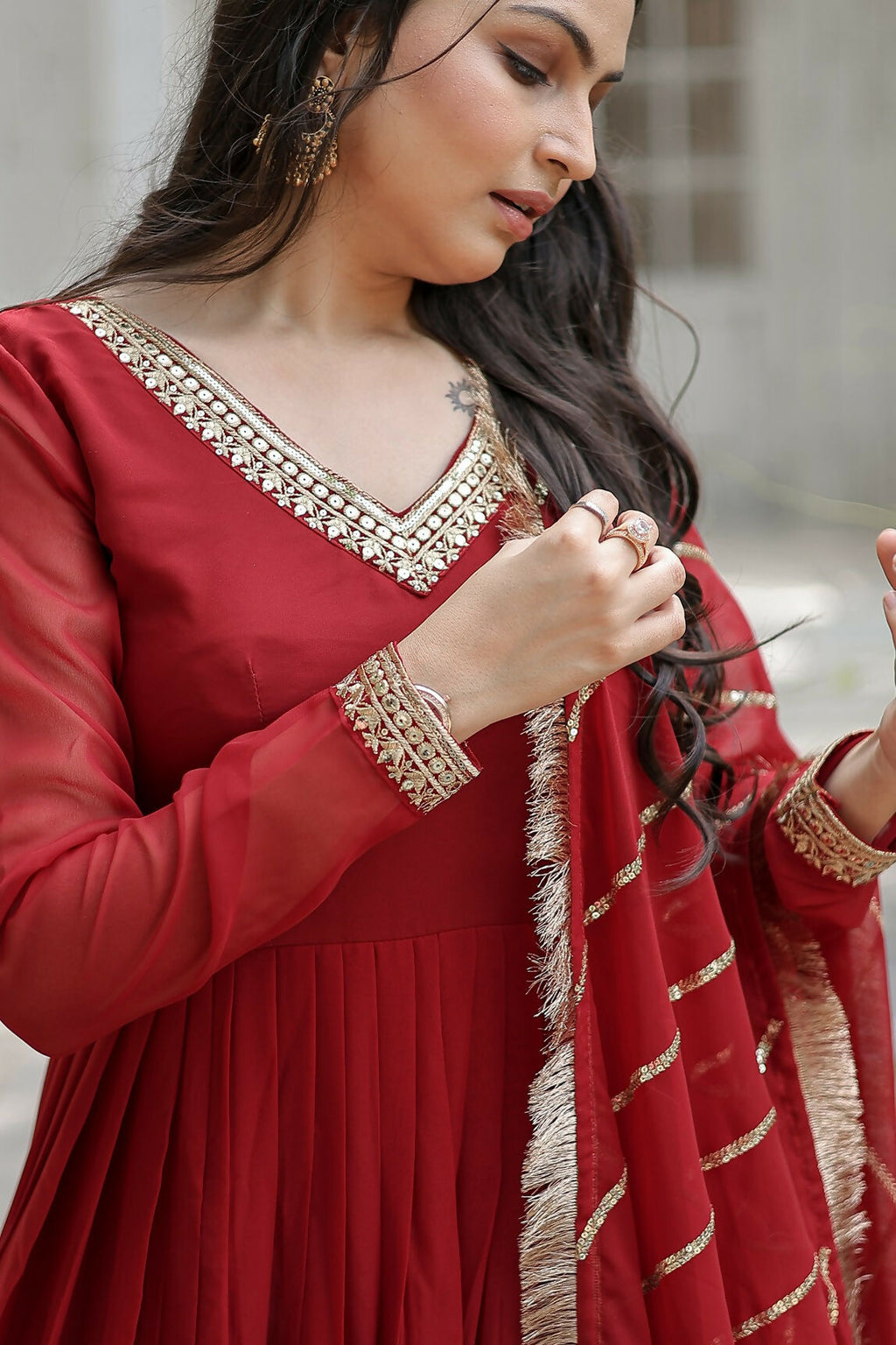 Maroon Georgette Kurta Set with Intricate Sequence Embroidery