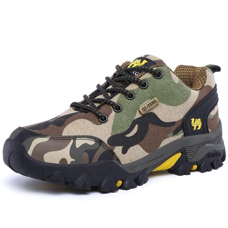Unisex camouflage hiking shoes with yellow accents and a protective rubber toe cap on a neutral background.