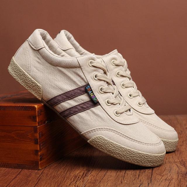 Men's Canvas Lace-Up Casual Sneakers – Breathable Flat Shoes