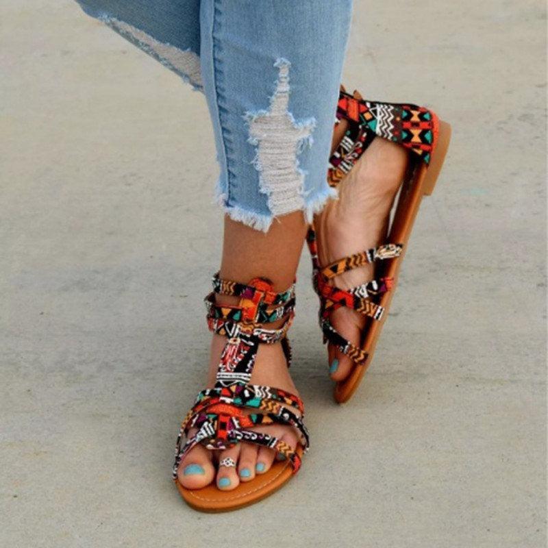Women's Strappy Flat Sandals Open Toe Leather Casual Shoes